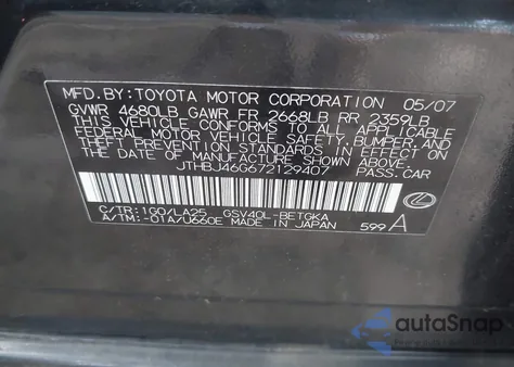 2007 Lexus Es 350 z USA, uszkodzony, nr VIN JTHBJ46G672129407